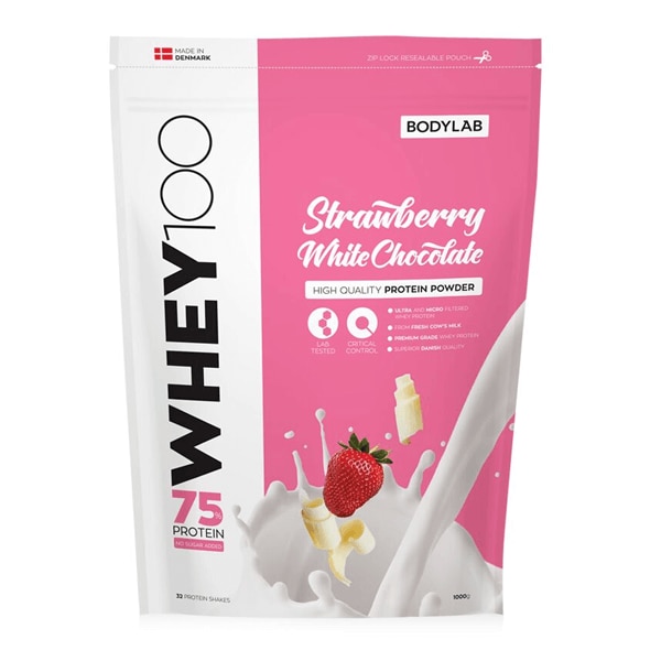 Bodylab Whey 100 Strawberry & White Chocolate 1kg | Kosttillskott - Proteinpulver - Vassleprotein - Vassleproteinkoncentrat | Gymkraft