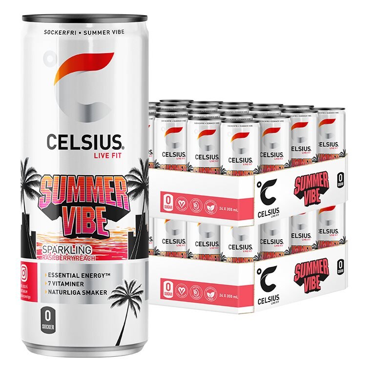 Celsius Summer Vibe Raspberry Peach 48x355ml | Drycker - Energidryck - Sockerfri energidryck | Gymkraft