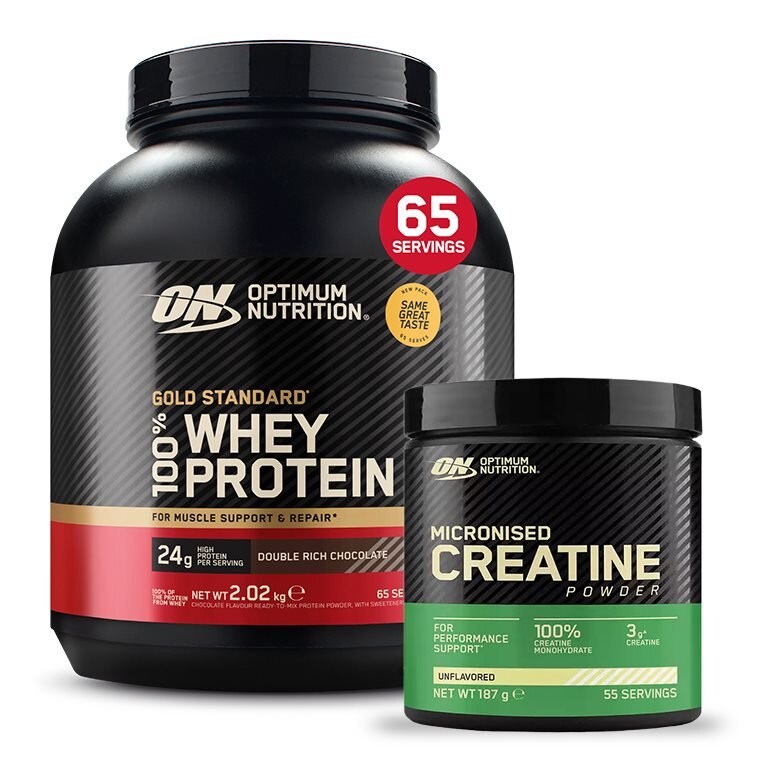 Optimum Nutrition Gold Standard 100% Whey 2kg + Creatine 187g | Kosttillskott - Proteinpulver - Vassleprotein - Vassleproteinkoncentrat | Gymkraft