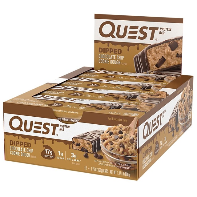quest bar dipped chocolate chip cookie dough box 12x60g